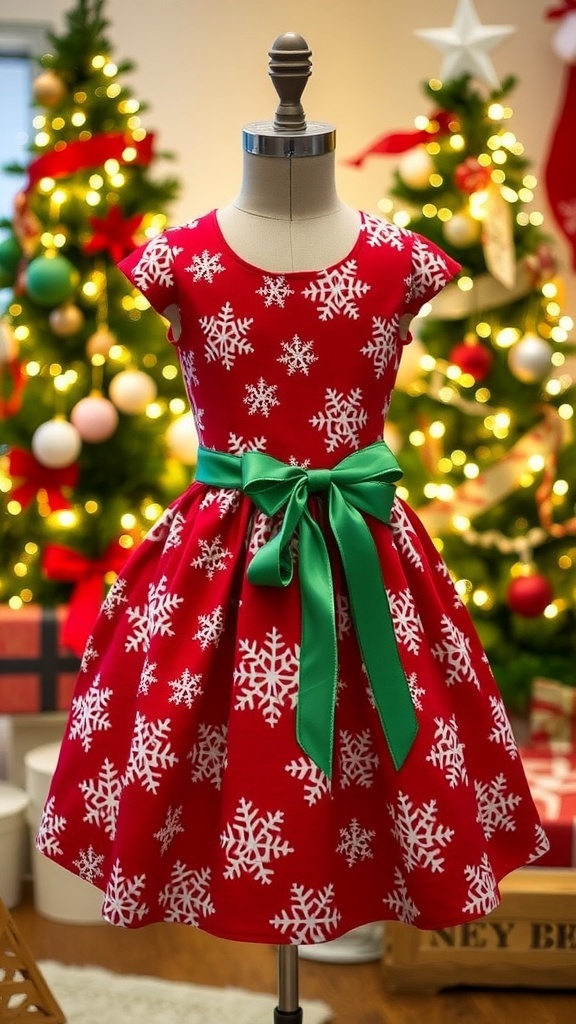 A red Christmas dress with snowflake patterns and a green ribbon, displayed on a dress form with holiday decorations.